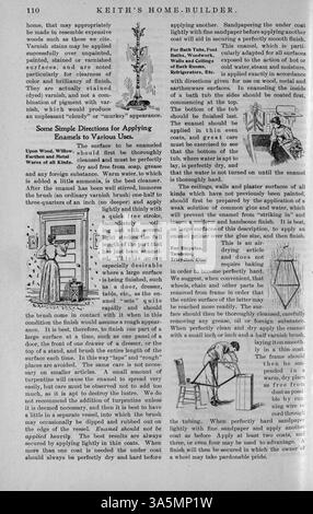 Keith's Home-Builder (1899), herausgegeben von Walter J. Keith, präsentiert elf Ausgaben mit detaillierten Wohnentwürfen, Grundrissen und Kostenaufteilungen. Das Magazin befasst sich mit Wohnbau, Innenarchitektur und Landschaftsgestaltung. Werbung für Baumaterialien und Wohnmöbel wird ebenfalls gezeigt. Zu den Themen gehören Architekturpläne für Kirchen und Schulen. Stockfoto