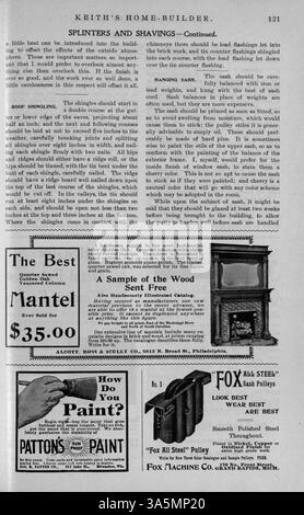 Keith's Home-Builder (1899), herausgegeben von Walter J. Keith, enthält elf Ausgaben mit detaillierten Wohnentwürfen, Grundrissen und Kostenschätzungen. Das Magazin befasst sich mit Wohnbau, Innenarchitektur und Landschaftsgestaltung und enthält Werbung für Wohnmöbel und Baumaterialien. Einige Ausgaben enthalten Pläne für Kirchen und Schulen. Stockfoto