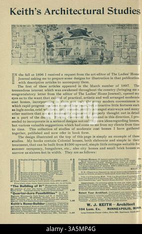 Keith's Home-Builder Magazine, herausgegeben von Walter J. Keith im Jahr 1899, bietet eine reiche Quelle an illustrierten Hausplänen, einschließlich Beschreibungen der Baukosten und Entwurfsdetails. Neben den Wohnplänen bietet das Magazin Ratschläge zu Inneneinrichtung, Landschaftsgestaltung und Baumaterialien sowie Werbung für Möbel und Armaturen. Stockfoto