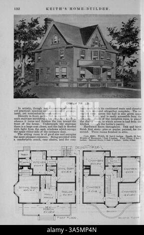 Keith's Home-Builder-Magazin, herausgegeben von Walter J. Keith im Jahr 1899, enthält elf monatliche Ausgaben mit illustrierten Hausplänen, Details zu den Baukosten und Entwurfsbeschreibungen. Die Artikel umfassen Wohnbau, Inneneinrichtung und Landschaftsgestaltung mit Werbung für Baumaterialien, Wohnmöbel und Einrichtungsgegenstände. Einige Ausgaben enthalten architektonische Pläne für Schulen und Kirchen. Stockfoto