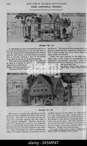 Walter J. Keith's Home-Builder Magazine von Keith, das erstmals 1899 erschien, bietet elf Ausgaben (außer Februar), mit Schwerpunkt auf Hausentwürfen, Grundrissen und detaillierten Beschreibungen des Wohnbaus. Es enthält Artikel über Inneneinrichtung, Landschaftsarchitektur und Werbung für Baumaterialien und Möbel. Einige Themen betreffen auch Pläne für Kirchen und Schulen. Stockfoto