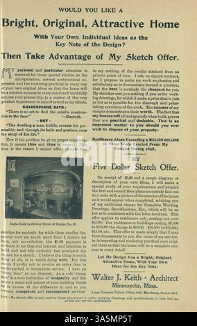 Keith's Home-Builder, veröffentlicht 1899, umfasste Hausentwürfe, Grundrisse und Kostenschätzungen. Das Magazin enthielt Artikel über Wohnbau, Landschaftsgestaltung, Inneneinrichtung und Werbung für Baumaterialien und Möbel. Einige Ausgaben umfassten auch Pläne für Kirchen und Schulen. Stockfoto