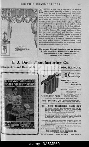 Keith's Home-Builder-Magazin von 1899, herausgegeben von Walter J. Keith, enthielt elf Ausgaben mit detaillierten Hausentwürfen, Grundrissen, Kostenaufteilungen und Ratschlägen zu Wohnbau, Landschaftsgestaltung und Inneneinrichtung. Werbung für Baumaterialien und Wohnmöbel sowie Pläne für Kirchen und Schulen wurden aufgenommen. Stockfoto