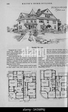 Keith's Home-Builder, eine Publikation aus dem Jahr 1899, herausgegeben von Walter J. Keith, enthielt Hausentwürfe, Grundrisse, Kostendetails und Artikel über Wohnbau, Inneneinrichtung und Landschaftsgestaltung. Werbung für Baumaterialien und Wohnmöbel wurde ebenfalls aufgenommen, einige Ausgaben enthielten Pläne für Kirchen und Schulen. Stockfoto