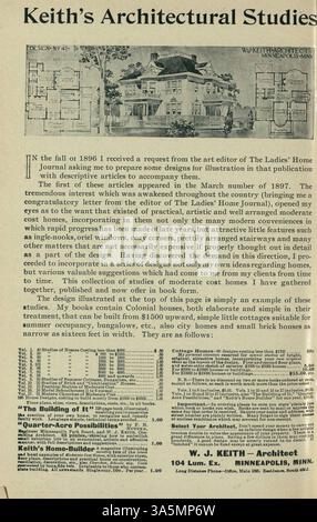 Keith’s Home-Builder, herausgegeben von Walter J. Keith im Jahr 1899, lieferte Hausentwürfe, Grundrisse und Kostenpläne. Das Magazin befasste sich auch mit Wohnbau, Inneneinrichtung, Landschaftsgestaltung und Werbung für Baumaterialien, Wohnmöbel und Accessoires. Einige Ausgaben enthielten Pläne für Kirchen und Schulen. Stockfoto