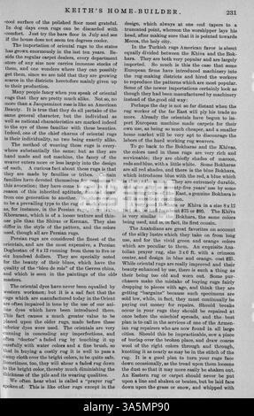 Keith's Home-Builder, herausgegeben von Walter J. Keith im Jahr 1899, bietet Hausentwürfe mit Grundrissen und Kostenschätzungen an. Es umfasst Artikel über Wohnbau, Inneneinrichtung und Landschaftsgestaltung sowie Werbung für Wohnmöbel und Baumaterialien. Zu den Themen gehören Pläne für Kirchen und Schulen. Stockfoto