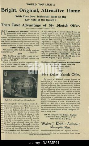 Keith’s Home-Builder, eine 1899 erschienene Publikation von Walter J. Keith, enthielt Hausentwürfe, Grundrisse und Kostenschätzungen. Das Magazin enthielt Artikel über Wohnbau, Inneneinrichtung und Landschaftsgestaltung, mit Werbung für Wohnmöbel, Baumaterialien und Accessoires. Einige Ausgaben boten Pläne für Kirchen und Schulen an. Stockfoto