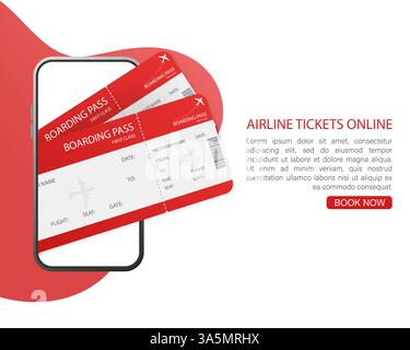 Flugtickets online mit Händen und Smartphone im flachen Stil. Isolierte Vektordarstellung. Stock Vektor
