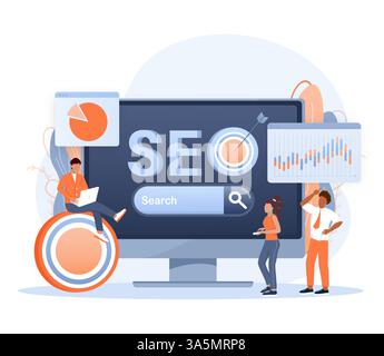 SEO-Optimierung, Webanalysen und seo-Marketing Social-Media-Konzept. Analyse und Überwachung von Geschäftsmitarbeitern auf dem Dashboard-Monitor für Webberichte Stock Vektor