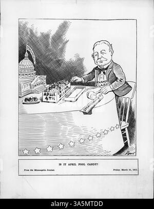 In dieser historischen Szene zögert Speaker Champ Clark, als er nach Bonbons mit der Aufschrift „extra Session“ greift und sich auf die Kongresssitzung bezieht, die Präsident Taft im April 1909 einberufen hatte. Das von der Demokratischen Partei geführte Haus stand in Zollfragen vor kritischen Herausforderungen. Stockfoto