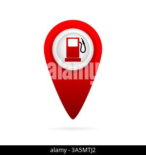Kartenzeiger mit Tankstellensymbol. Vektor des Symbols „PIN“ auf weißem Hintergrund isoliert zuordnen. Stock Vektor