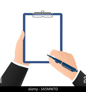 Flache Signature Hand mit Stift für Papierdesign. Abbildung isolierter flacher Vektor. Stock Vektor