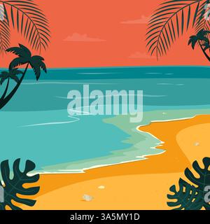 Tropischer Strand mit Palmen und türkisfarbenem Wasser bei Sonnenuntergang Stock Vektor