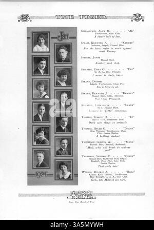 Diese Ausgabe des "Tiger" Jahrbuchs von der South High School 1924 dokumentiert verschiedene Aspekte des Schullebens, einschließlich Schüler, Dozenten, Leichtathletik, Clubs, und wichtige Ereignisse. Das Jahrbuch gibt auch einen Überblick über die Rolle afroamerikanischer Schüler während des Schuljahres 1923-1924. Stockfoto