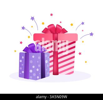 Geschenke im flachen Stil auf schwarzem Hintergrund. Abbildung des flachen isometrischen Vektors. Weihnachtsgeschenk. Symbol für isolierten Vektor. Öffnen Sie die Geschenkbox „alles Gute zum Geburtstag“. Stock Vektor