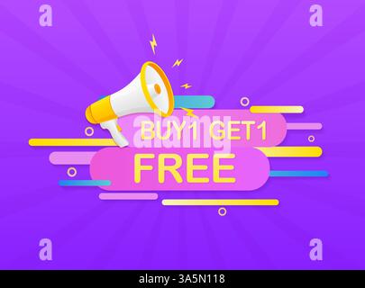 Beim Kauf eines Exemplars erhalten Sie ein Megaphon auf weißem Hintergrund gratis für das Flyerdesign. Vektorabbildung in abgewickelter Form. Stock Vektor