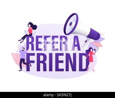 Flaches Symbol mit Megaphon, die Leute empfehlen einen Freund. Poster, Banner. Abbildung des flachen isometrischen Vektors. 3D-Vektordarstellung. Stock Vektor
