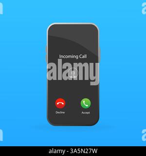 Eingehender Anruf in flacher Form. Perspektivischer Vektor. Schaltfläche „Akzeptieren“, Schaltfläche „Ablehnen“. Schwarzer Hintergrund. Flache Vektorkonstruktion. Mockup für den Anrufbildschirm. Stock Vektor