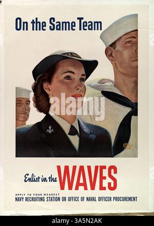 Ein Rekrutierungsplakat ermutigt Frauen, sich den WAVES anzuschließen (Women Accepted for Volunteer Emergency Service), das eine WELLE mit zwei Marineschifffahrern zeigt und die Rolle von Frauen im Militärdienst während des Zweiten Weltkriegs hervorhebt Stockfoto