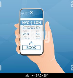 Flugtickets online mit Händen und Smartphone im flachen Stil. Isolierte Vektordarstellung. Stock Vektor