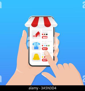 Flaches Online-Shopping-Smartphone mit Hand für Konzeptdesign. Abbildung des flachen isometrischen Vektors. Smartphone-Symbol mit Handtouchscreen. Vektor des Telefonsymbols Stock Vektor
