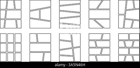 Satz von Vorlagen für Karikaturbücher. Anime-Comic-Seitenfelder isoliert auf weißem Hintergrund. Grids für Manga Storyboards. Layouts für Fotocollagen, Magazine oder Poster. Vektorgrafik. Stock Vektor
