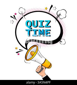 Quiz Time Pop-Banner mit Megaphon. Vektor-Pop-Stil-Illustration mit Megaphon auf weißem Hintergrund Stock Vektor