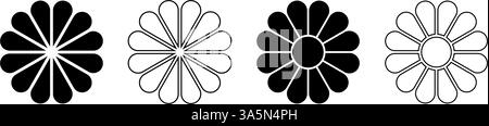 Gänseblümchen- oder Gerbera-Silhouetten. Set mit Blumendiagrammen mit 12 Blütenblättern und Kern. Tortendiagramm mit Blumenmuster, aufgeteilt auf gleiche Teile in Blattformen, isoliert auf weißem Hintergrund. Vektorgrafik. Stock Vektor