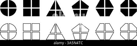 Geometrische Formen, die in 4 Schichten unterteilt sind. Rund, quadratisch und dreieckig, fünfeckig, sechseckig oder achteckig in vier gleiche Teile geschnitten. Einfache Diagramme, Geschäftsdiagramme. Vektorgrafik. Stock Vektor