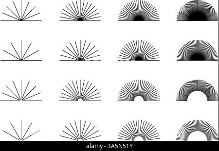 Gerade radiale Linien in Halbkreisform. Set von Sonnenstrahlen, Sonnenstrahlen oder Sonnenstrahlen auf weißem Hintergrund. Symbole für Strahlkraft, Explosion, Explosion oder Feuerwerk. Vektorgrafik. Stock Vektor