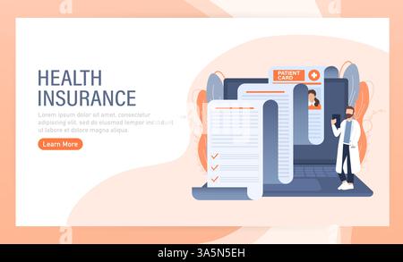 Vektorillustration mit Krankenversicherungskonzept. Großes Klemmbrett mit Arzt und Frau. Gesundheitswesen, Finanzen und medizinischer Dienst. Vektorabbildung Stock Vektor