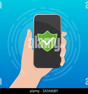 Grüner Smartphone-Schutz mit Hand isoliert auf weißem Hintergrund. Mobile App-Schnittstelle. Smartphone in der Hand. Telefondisplay. Datensicherheit. Stock Vektor