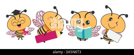 Zeichenset für Biene-Zeichen-Clipart. Honigbienen-Clip-Art mit fröhlichem und niedlichem Gesicht mit Diplom, Bleistift, Whiteboard und Lesebuchelementen Stock Vektor