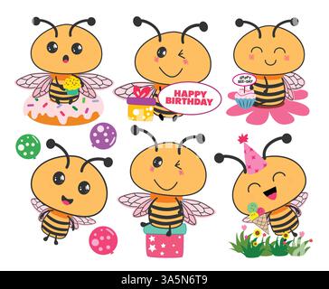 Bee Birthday Character Clipart Set mit flachen Symbolen. Gelbe Honigbienen-Clip-Kunstsammlung, die in Donut sitzt, Geschenkbox, Cupcake und Eis mit Ball hält Stock Vektor