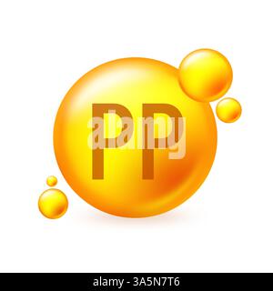 Vitamin PP Gold glänzende Pille Capcule Icon. Pille Capcule Vektor Illustration auf weißem isoliertem Hintergrund Stock Vektor
