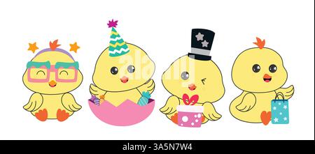 Ente Geburtstagsfigur Clipart Zeichensatz. Niedliches gelbes Entlein-Clip-Art mit Partyelementen wie Clown, Geschenkbox und Süßigkeiten in Eierschale Stock Vektor