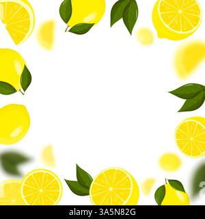 Zitrone fällt aus verschiedenen Winkeln. Zitrushintergrund. Fliegende Lemon mit grünem Blatt auf transparentem Hintergrund. Fokussierte und unscharfe Früchte Stock Vektor