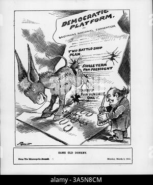 Dieser politische Zeichentrick aus dem Baltimore National Convention zeigt den Demokratischen Esel mit der Bezeichnung „Demokratischer Kongress“, der auf die Parteiplattform tritt. Die Bildverweise scheiterten oder ignorierten Zusagen, einschließlich des Two Battleship Plan, einer Single term for President und Tariff for Revenue Only Party Zusagen. William Jennings Bryan, dargestellt mit einem runzeligen Gesicht, ist die Vorbereitung von Tinte gezeigt, die den Widerstand des Demokratischen Kongresses gegen diese Reformen symbolisiert. Stockfoto