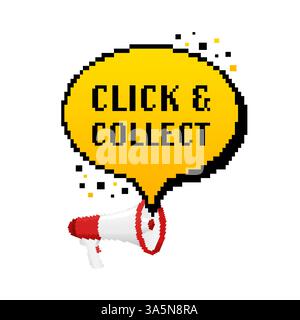 Klicken Sie auf, und sammeln Sie Megaphone im Pixelstil. Webbanner. Vektorabbildung Stock Vektor