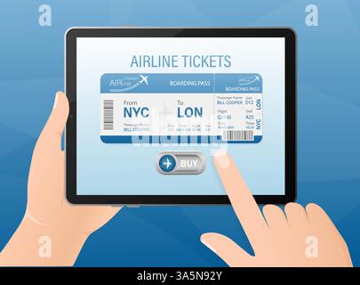 Flugtickets online mit Händen und Tablet im flachen Stil. Isolierte Vektordarstellung. Stock Vektor