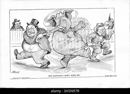 Dieser satirische Cartoon zeigt einen Elefanten mit der Bezeichnung „G.O.P.“, der von Präsident Taft und Theodore Roosevelt während ihres Wettbewerbs um die republikanische Nominierung 1912 gezogen wurde, während William Jennings Bryan und ein Esel beobachten. Stockfoto