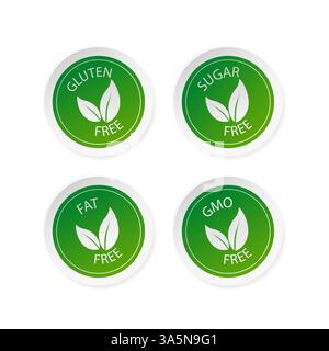 Grüne Zucker-, Fett-, glutenfreie und gvo-freie Aufkleber in flacher Ausführung. Vektorabbildung. Stock Vektor