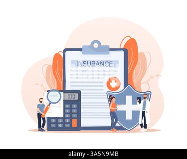 Vektorillustration mit Krankenversicherungskonzept. Großes Klemmbrett mit Arzt und Frau. Gesundheitswesen, Finanzen und medizinischer Dienst. Vektorabbildung Stock Vektor
