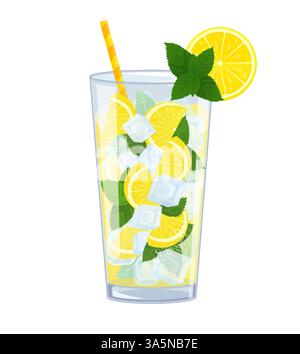 Realistische Zitronenfrucht mit grünen Blättern, Wasserspritzer und Eiswürfeln. Cartoon Limonade. Realistische 3D-Darstellung Stock Vektor
