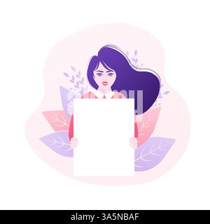 Frauen mit Plakat, tolles Design für jeden Zweck. Illustration des Vektorzeichens. Flache Zeichentrickvektorillustration. Stock Vektor