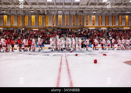 St. Paul, Minnesota, USA. März 2025. Die Spieler schütteln nach dem Spiel die Hand. Die University of Wisconsin und der Ohio State standen im Women's 2025 Frozen Four Finale gegenüber. Die Teams traten am 23. März in der Ridder Arena in Minneapolis, Minnesota, an Die University of Wisconsin gewann 4-3 in Überstunden. (Kreditbild: © Michael Turner/ZUMA Press Wire) NUR REDAKTIONELLE VERWENDUNG! Nicht für kommerzielle ZWECKE! Stockfoto