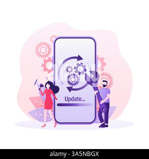 Cartoon-Software aktualisiert Menschen für das Design mobiler Apps. Abbildung des isometrischen Vektors. Design mobiler Anwendungen. Illustration des Technologienetzwerks Stock Vektor