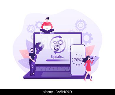 Cartoon-Software aktualisiert Menschen für das Design mobiler Apps. Abbildung des isometrischen Vektors. Design mobiler Anwendungen. Illustration des Technologienetzwerks Stock Vektor