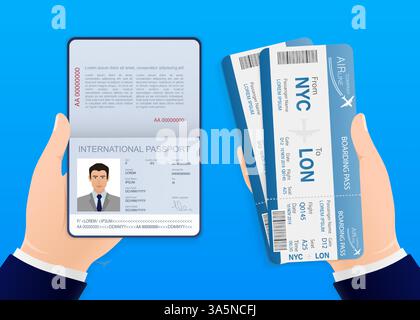 Flugtickets, tolles Design für jeden Zweck. Hände mit Reisepass und Flugtickets. Vektorabbildung. Stock Vektor
