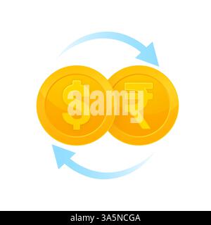 Flache Illustration mit goldenem Währungsumtausch Dollar zu Rupee Konzept Design. Vektorabbildung Stock Vektor